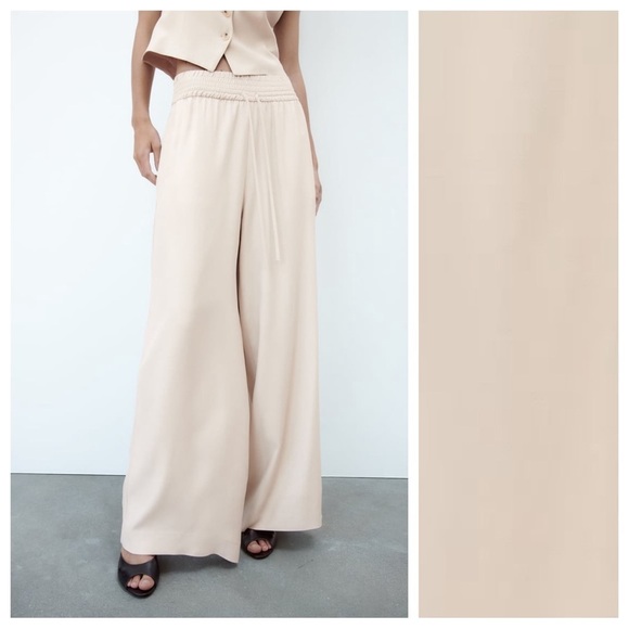 Zara Pants - NWT. Zara Beige Viscose Wide-Leg Flowing High-Waist Trousers. Size L.